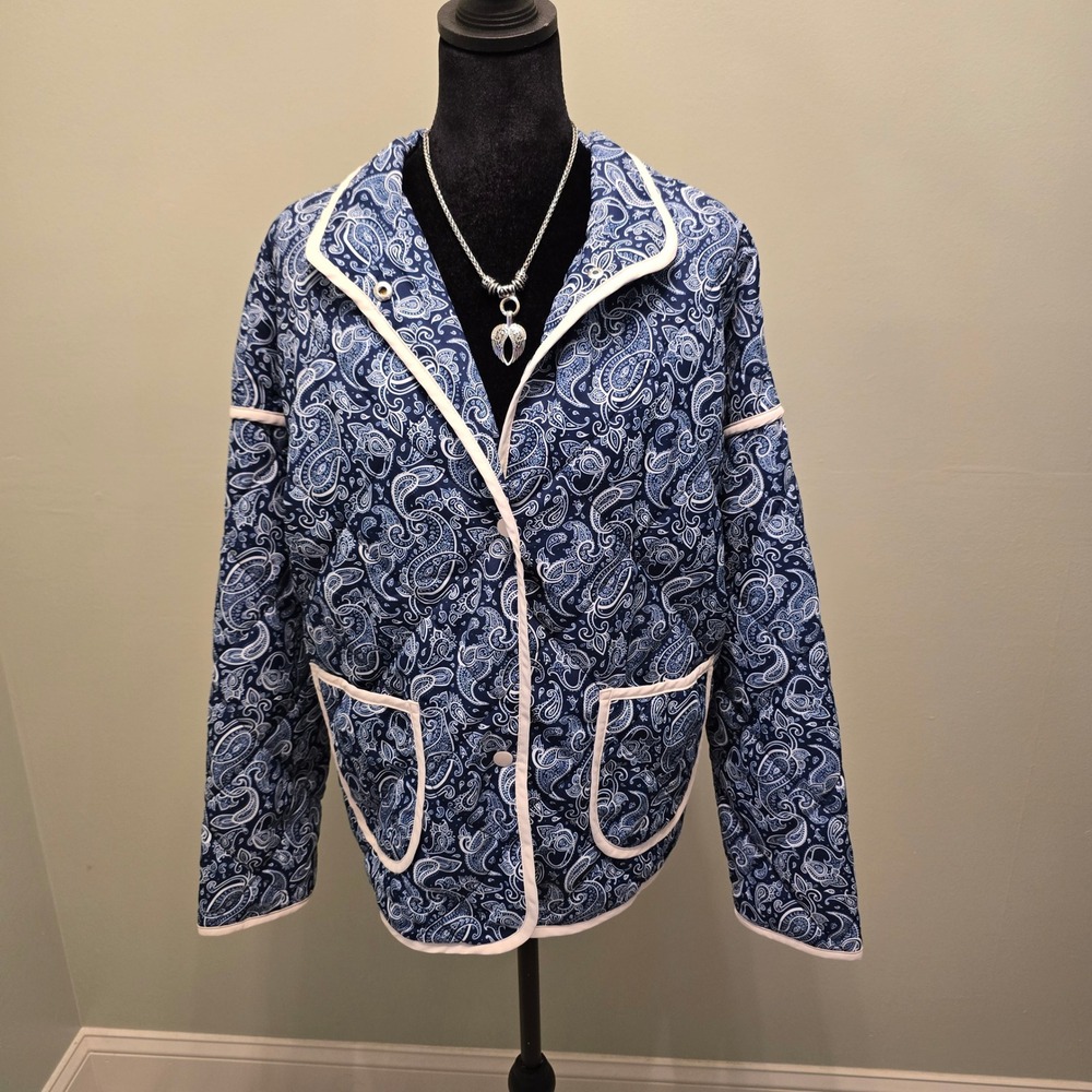 Dokotoo Womens Blue Paisley Quilted Jacket Button Up Lightweight Coat Size L